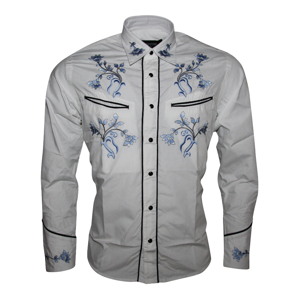 White Cowboy Shirt with Blue Flower Detail