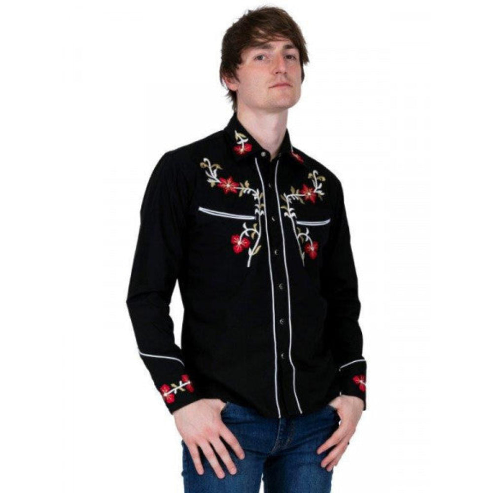 Black Cowboy Shirt with Red Flower Detail