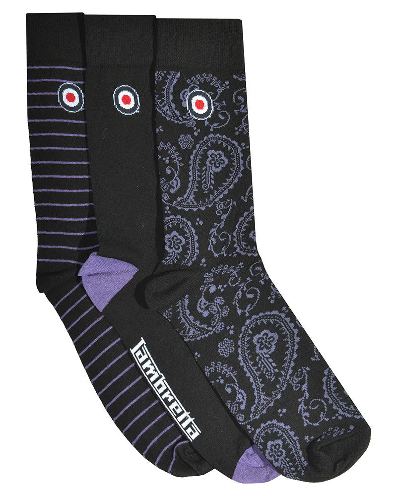 3-pak Lambretta Paisley-sokker Sort/Vin
