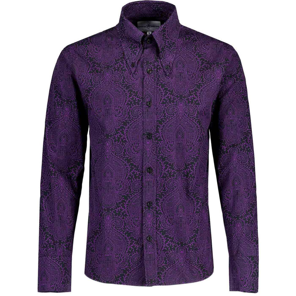 Capo Paisley 60s Mod Spear Collar Shirt in Black/Purple