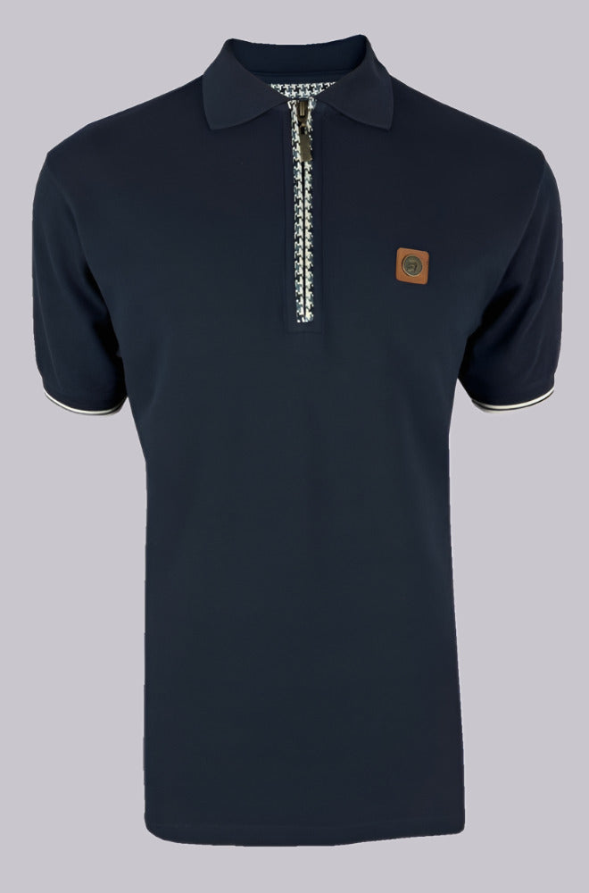 Houndstooth Trim Zip Pique Polo TR/8872 Navy S