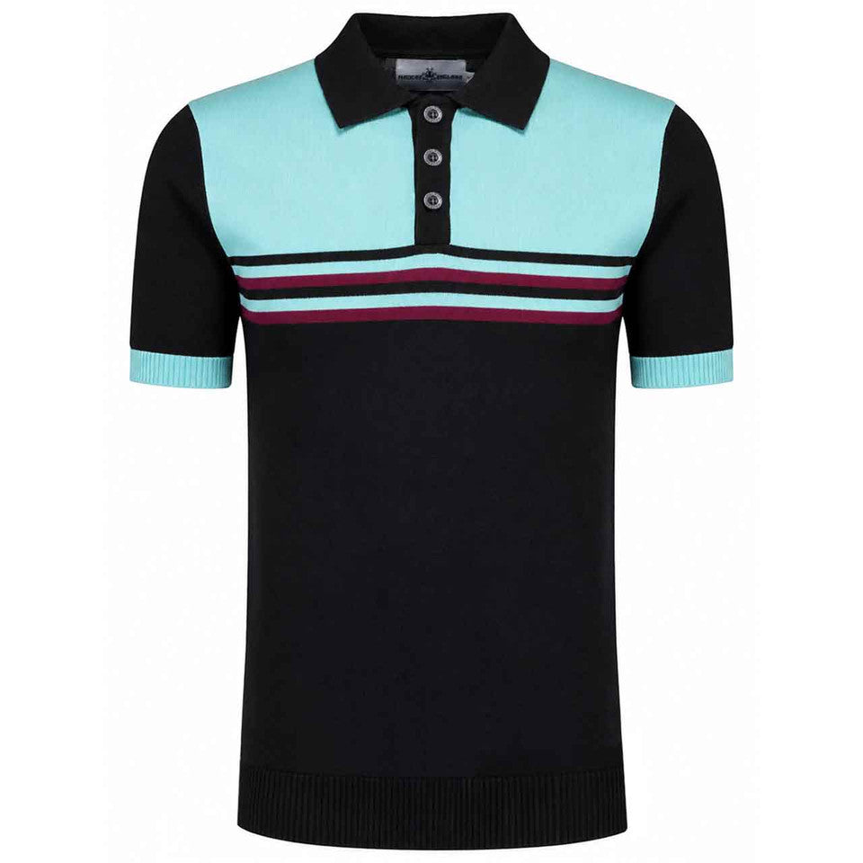 Retro Rewind Knitted Stripe Panel Polo Black