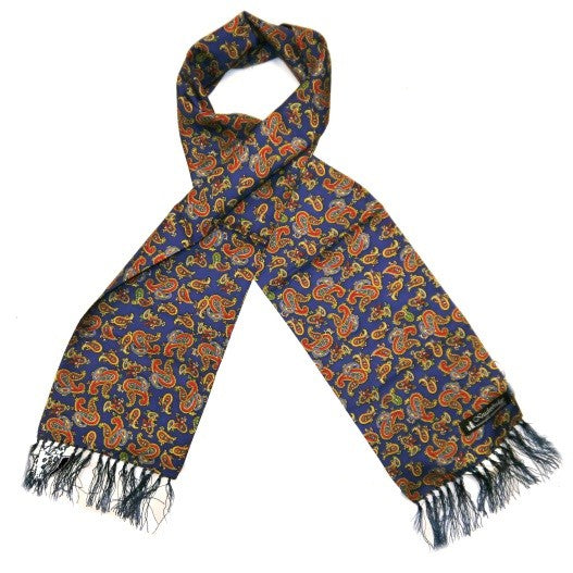 French Navy/Orange/Yellow Paisley Silk Scarf