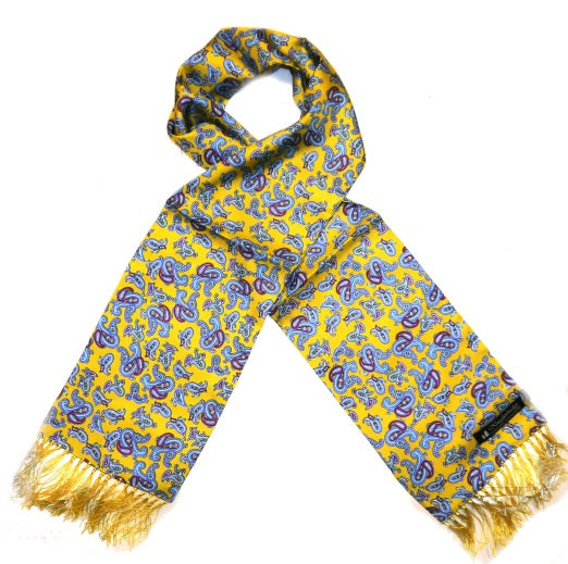 Mustard yellow/Sky Blue Paisley Silk Scarf