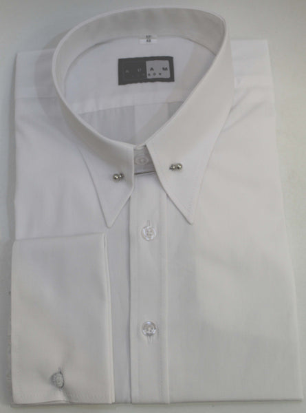 Pin Through Collar Shirt - Plain White Poplin - Double Cuff - Pin included