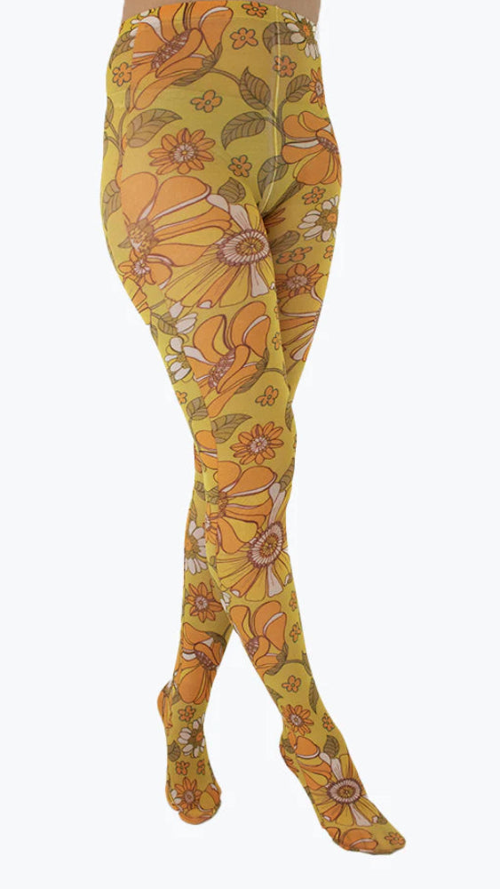 Throwback Floral Printed Tights Mustard