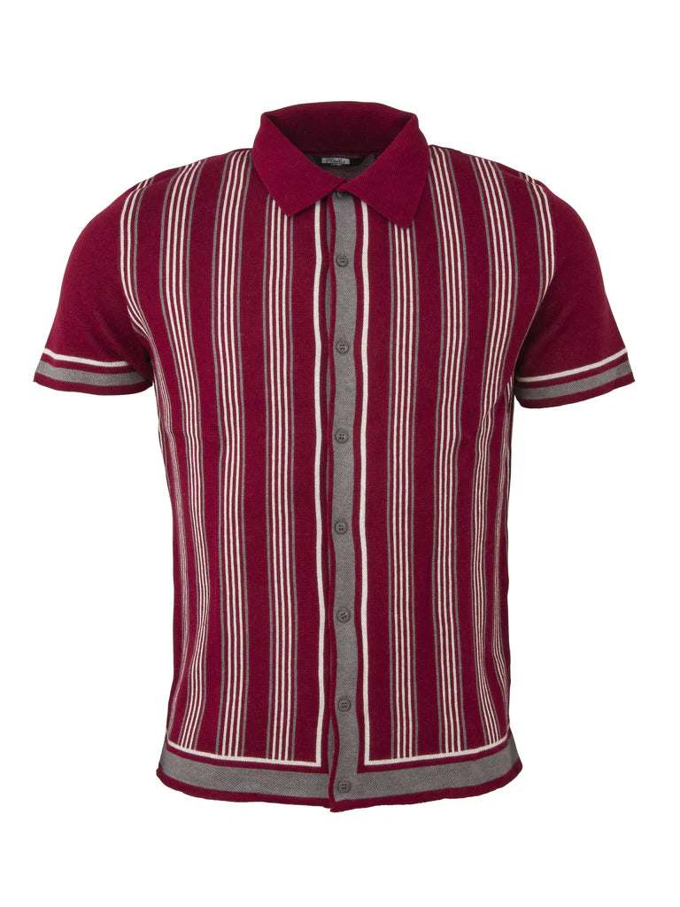 Full Button Striped Polo - Burgundy