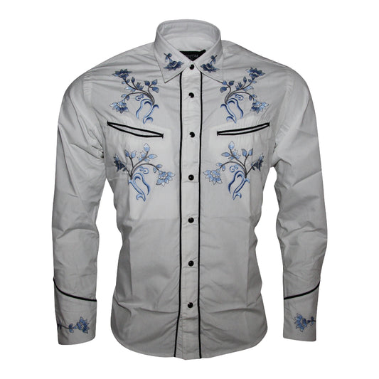 White Cowboy Shirt with Blue Flower Detail