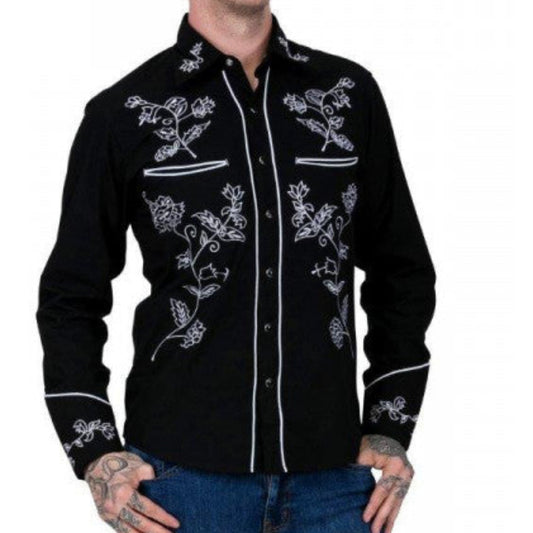 Black Cowboy Shirt with White Flower Detail