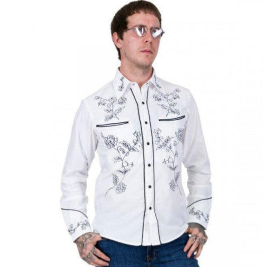 White Cowboy Shirt with Black Flower Detail