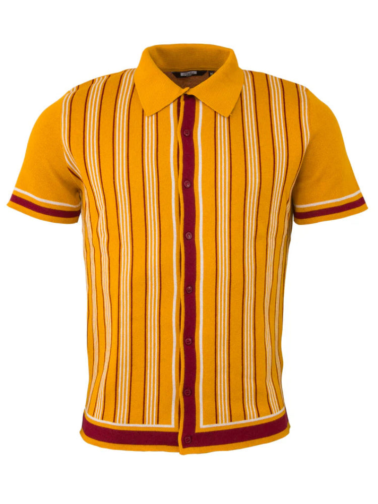 Full Button Striped Polo - Mustard