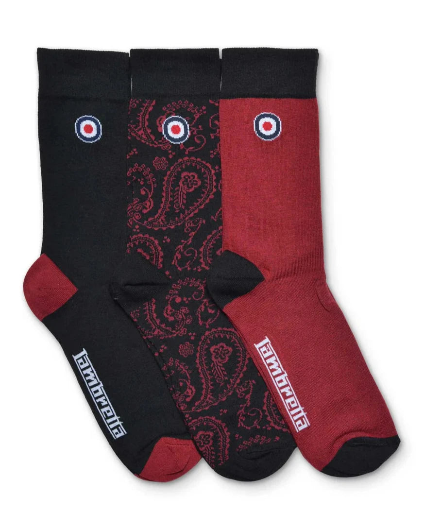 3-pak Lambretta Paisley strømper Sort/Bordeaux