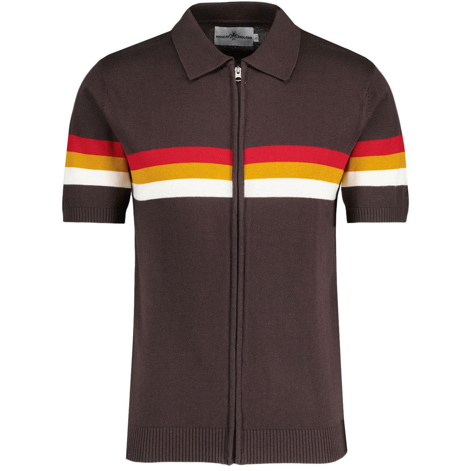 Mavers 96 SS Britpop Stripe Knitted Zip Polo Top Black Coffee