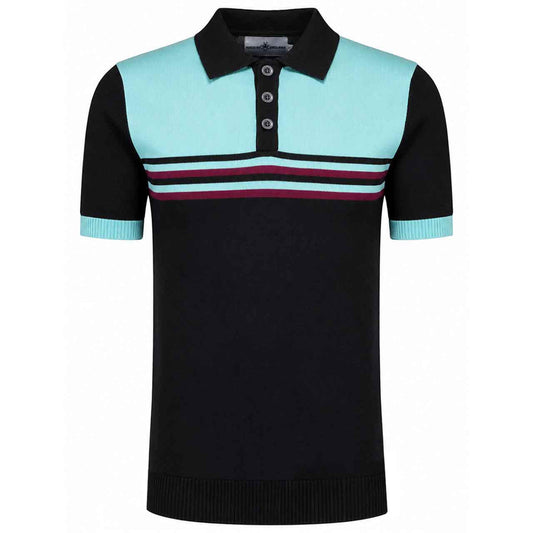 Retro Rewind Knitted Stripe Panel Polo Black