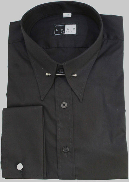 Pin Through Collar Shirt - Plain Black Poplin - Double Cuff