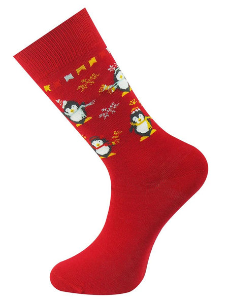 Crew Socks Festive Penguins Red